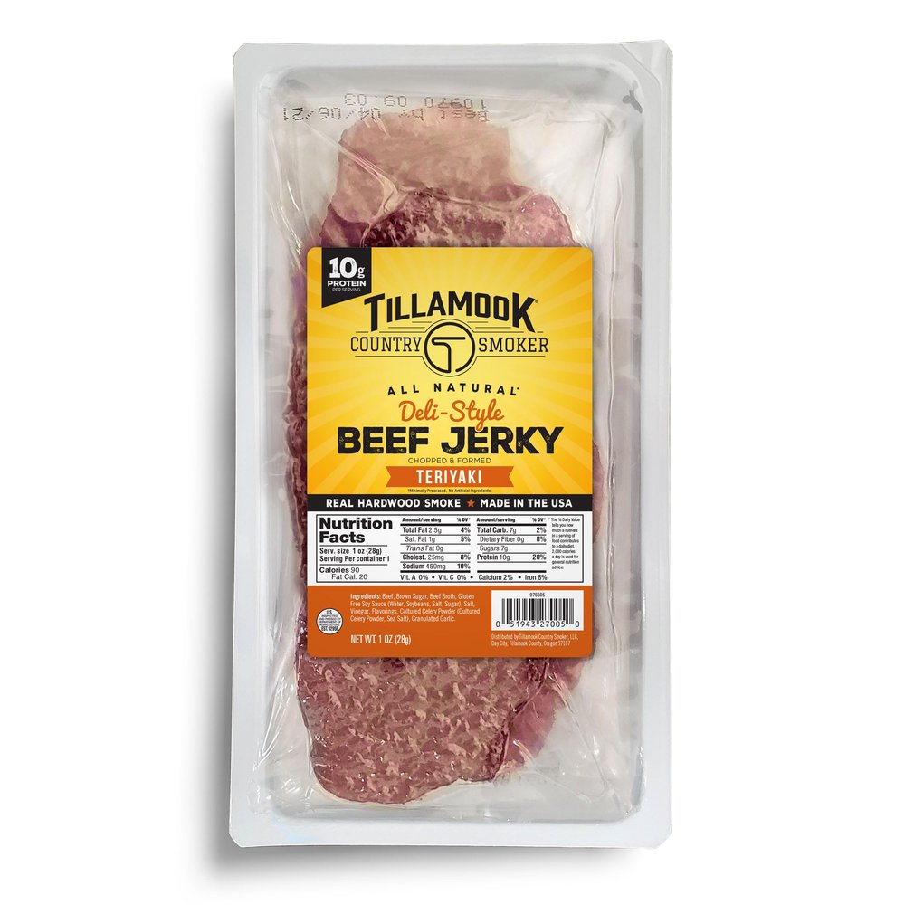 Tillamook Beef Jerky, Country Smoker Teriyaki Deli Style Thin Sliced Slab, Low Carb, High Protein, Ready to Eat Keto Snacks, Chopped & Formed Slabs,12 Count Tray