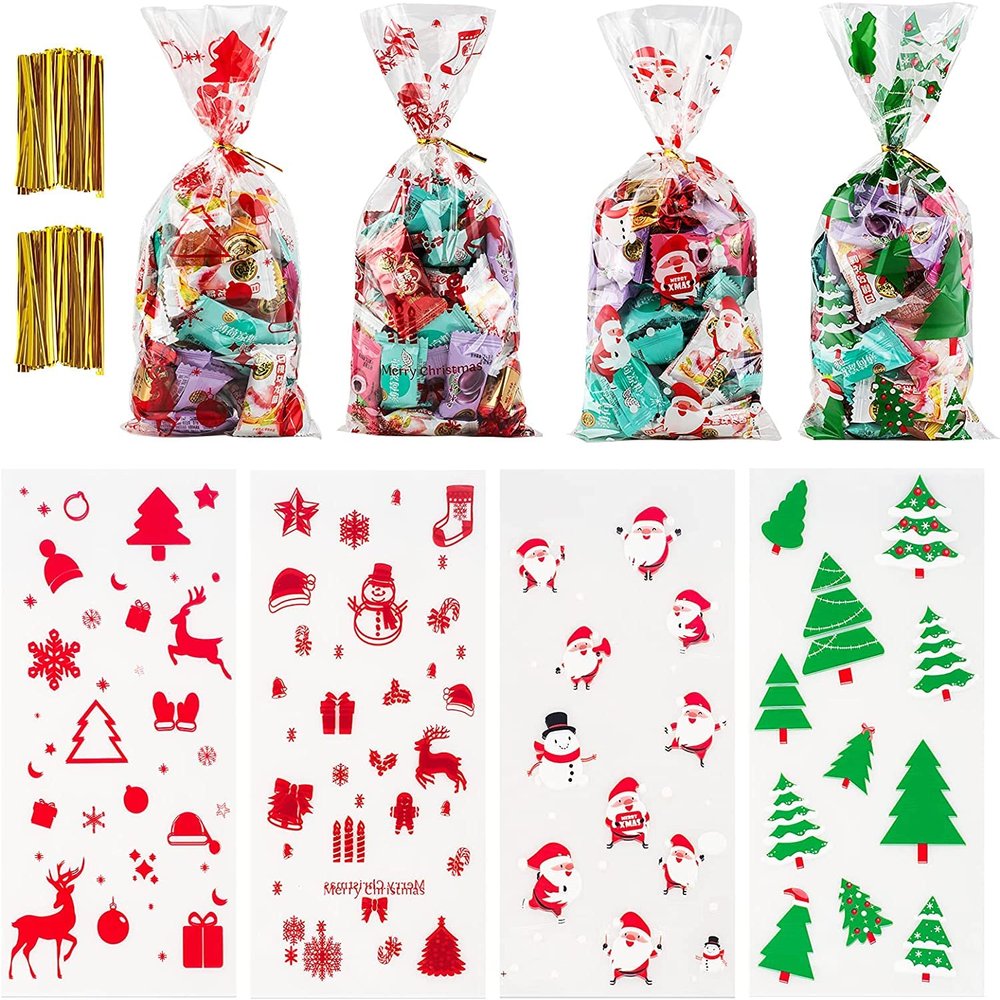 200 PCS Christmas Cellophane Goody Bags Assortment for Holiday Treats, Party Favors, Candy Bags, Gifts, Party Supplies