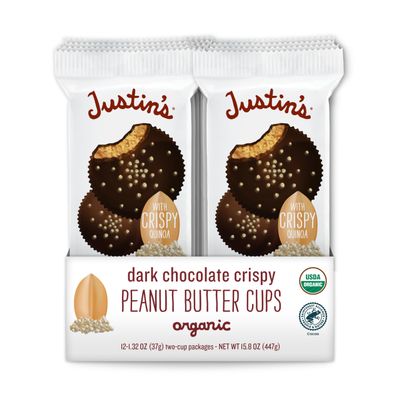 Justins's Organic Crispy Dark Chocolate Peanut Butter Cups, Rainforest Alliance Certified Cocoa, Gluten-free, Responsibly Sourced, 12 Pack (2 cups each)