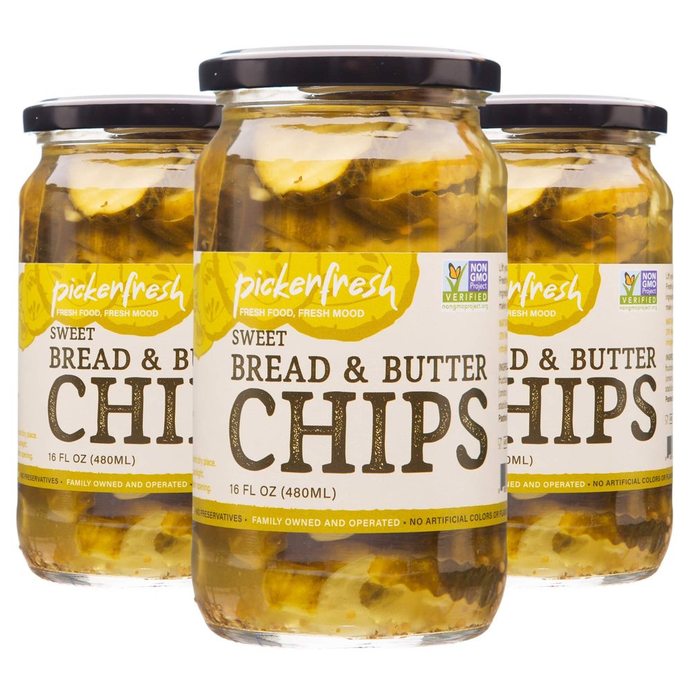 Pickerfresh Bread & Butter Sweet Crinkle Cut Chips Pickles, 16 oz (3 Pack), Certificated, Non-GMO, Gluten Free, High in Antioxidants, No Artificial Color & No Preservatives, Ready to Eat, Great For Hamburgers, Salads and Vegan Recipes, Simple Ingredi