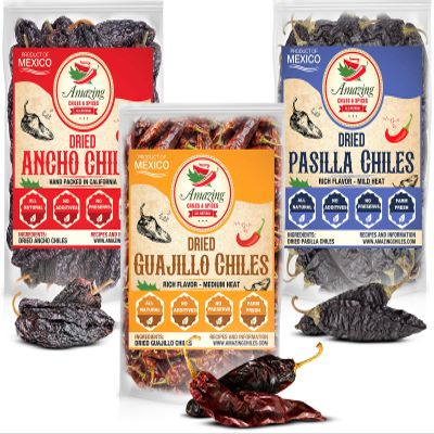 Dried Chile Peppers Variety Pack (12 oz Total) - Ancho, Guajillo, Pasilla Chiles Staple for Mexican Recipes - Birria, Salsa, Sauces, Stews, Tamales By Amazing Chiles and Spices