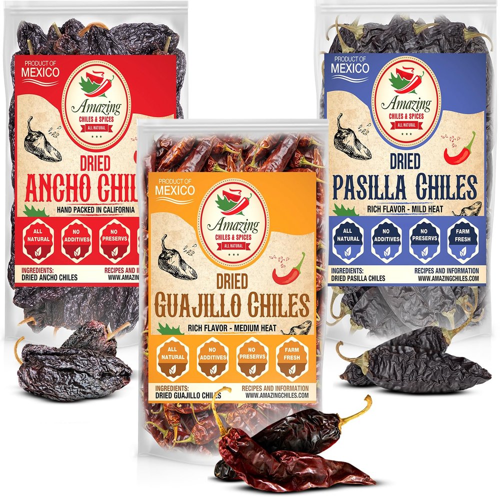 Dried Chile Peppers Variety Pack (12 oz Total) - Ancho, Guajillo, Pasilla Chiles Staple for Mexican Recipes - Birria, Salsa, Sauces, Stews, Tamales By Amazing Chiles and Spices