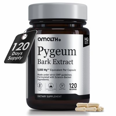 Amalth Pygeum Bark Extract Powder Higher Potency (6.5% phytosterols)- Herbal Supplements 120 Capsules (Non GMO)