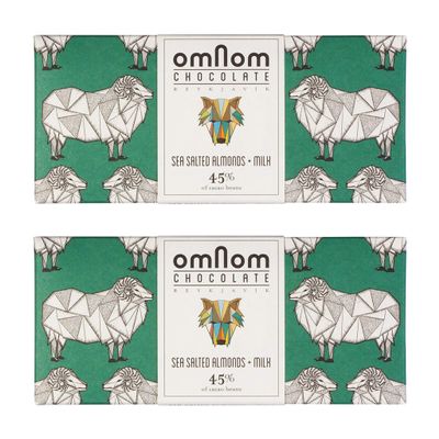 OmNom Sea Salted Almonds + Milk 45% Cacao | Icelandic Bean To Bar Chocolate by OMNOM CHOCOLATE REYKJAVIK | 2 x 60g Bar