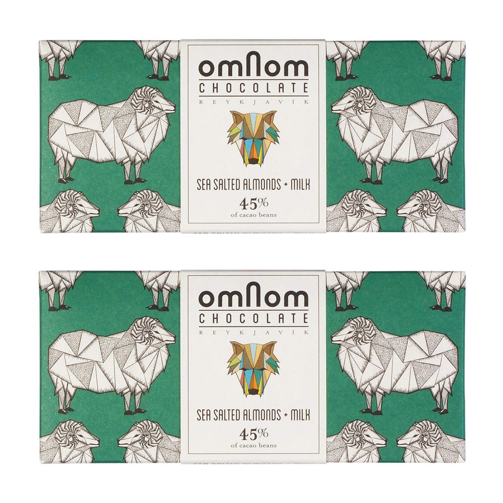 OmNom Sea Salted Almonds + Milk 45% Cacao | Icelandic Bean To Bar Chocolate by OMNOM CHOCOLATE REYKJAVIK | 2 x 60g Bar