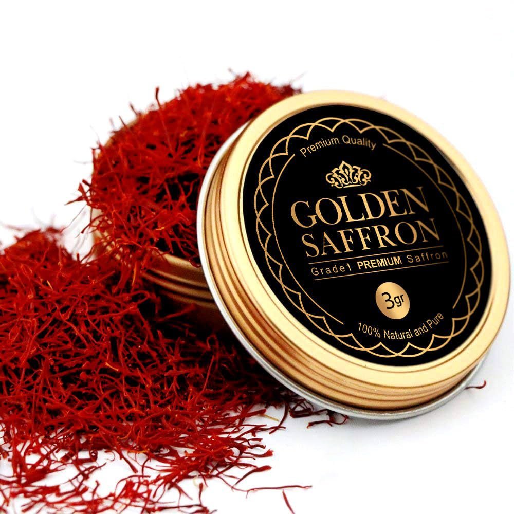 Golden Saffron, Finest Pure Premium All Red Saffron Threads, Grade A+ Super Negin, Non-GMO Verified. For Tea, Paella, Rice, Desserts, Golden Milk and Risotto (3.0 Grams)