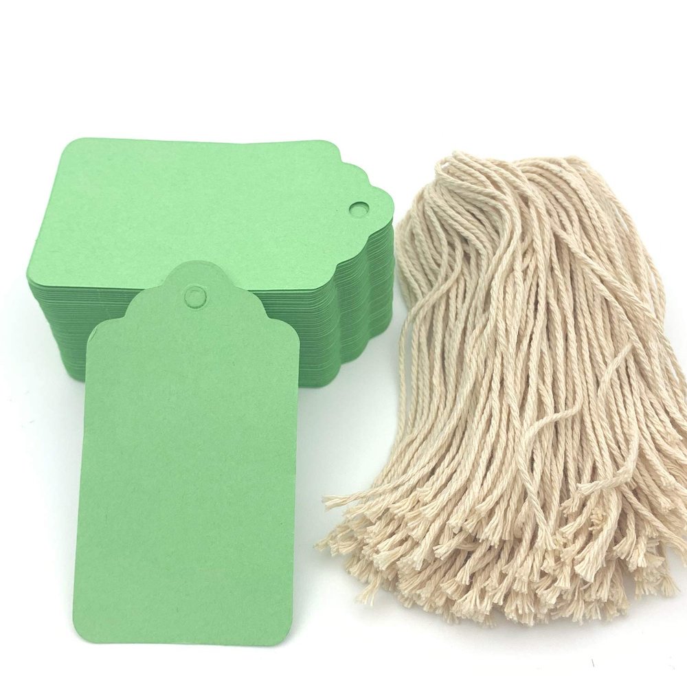 100pcs Gift Wrap Tags with String,Green Rectangle Craft Paper Blank Hang Tags,Price Tags,2.75x1.6inches