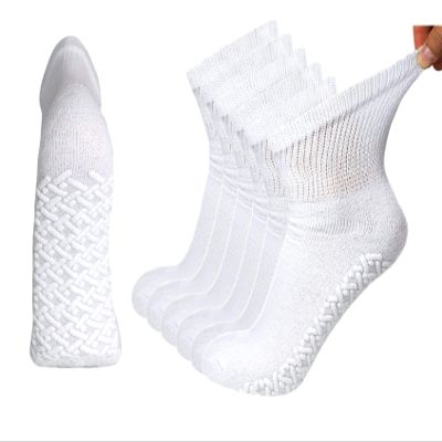 6 Pairs of Non-Skid Diabetic Cotton Quarter Socks with Non Binding Top (White, 9-11)
