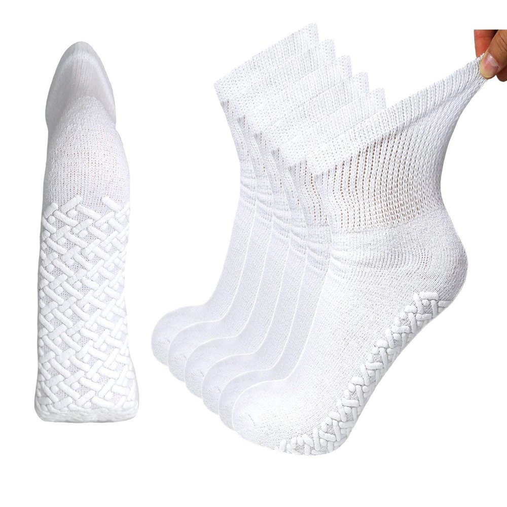 6 Pairs of Non-Skid Diabetic Cotton Quarter Socks with Non Binding Top (White, 9-11)