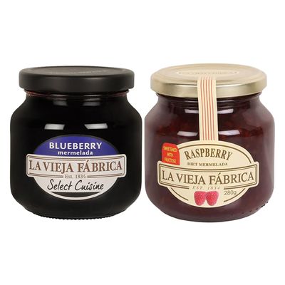 La Vieja Fabrica Combo of Raspberry Diet Jam, 280 Grams & Blueberry jam Bottle, 285 g