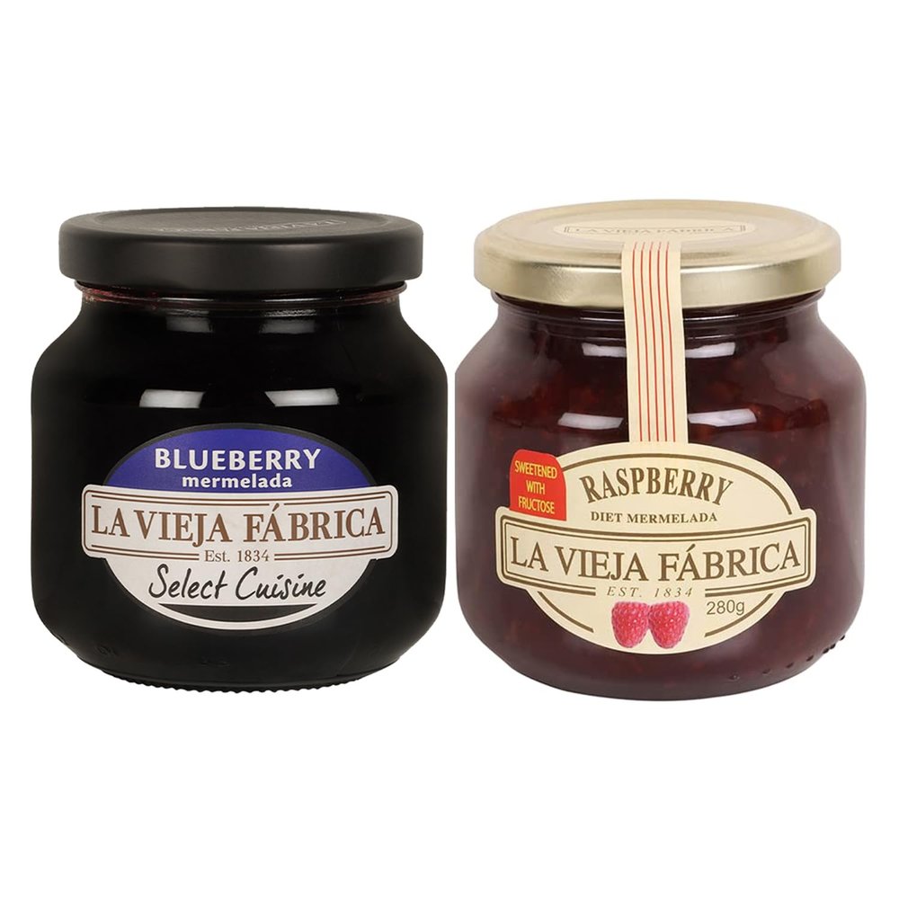 La Vieja Fabrica Combo of Raspberry Diet Jam, 280 Grams & Blueberry jam Bottle, 285 g