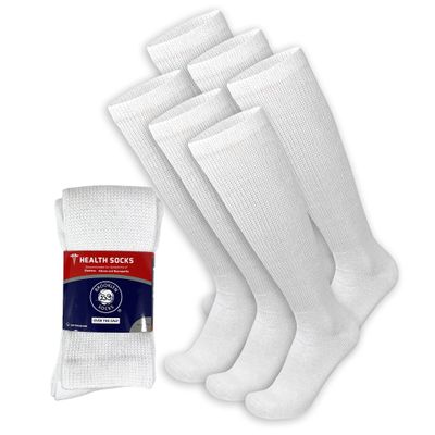 6 Pairs of Diabetic Over The Calf - Knee High Cotton Socks (White - 6 Pairs, Fit Men's Shoe Size 12-15)