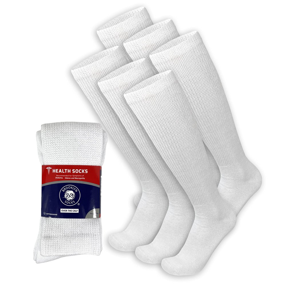 6 Pairs of Diabetic Over The Calf - Knee High Cotton Socks (White - 6 Pairs, Fit Men's Shoe Size 12-15)