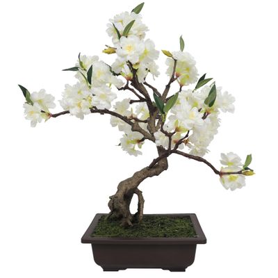 SilksAreForever 20" Hx12 W Silk Cherry Blossom Flowering Bonsai Tree w/Planter -White