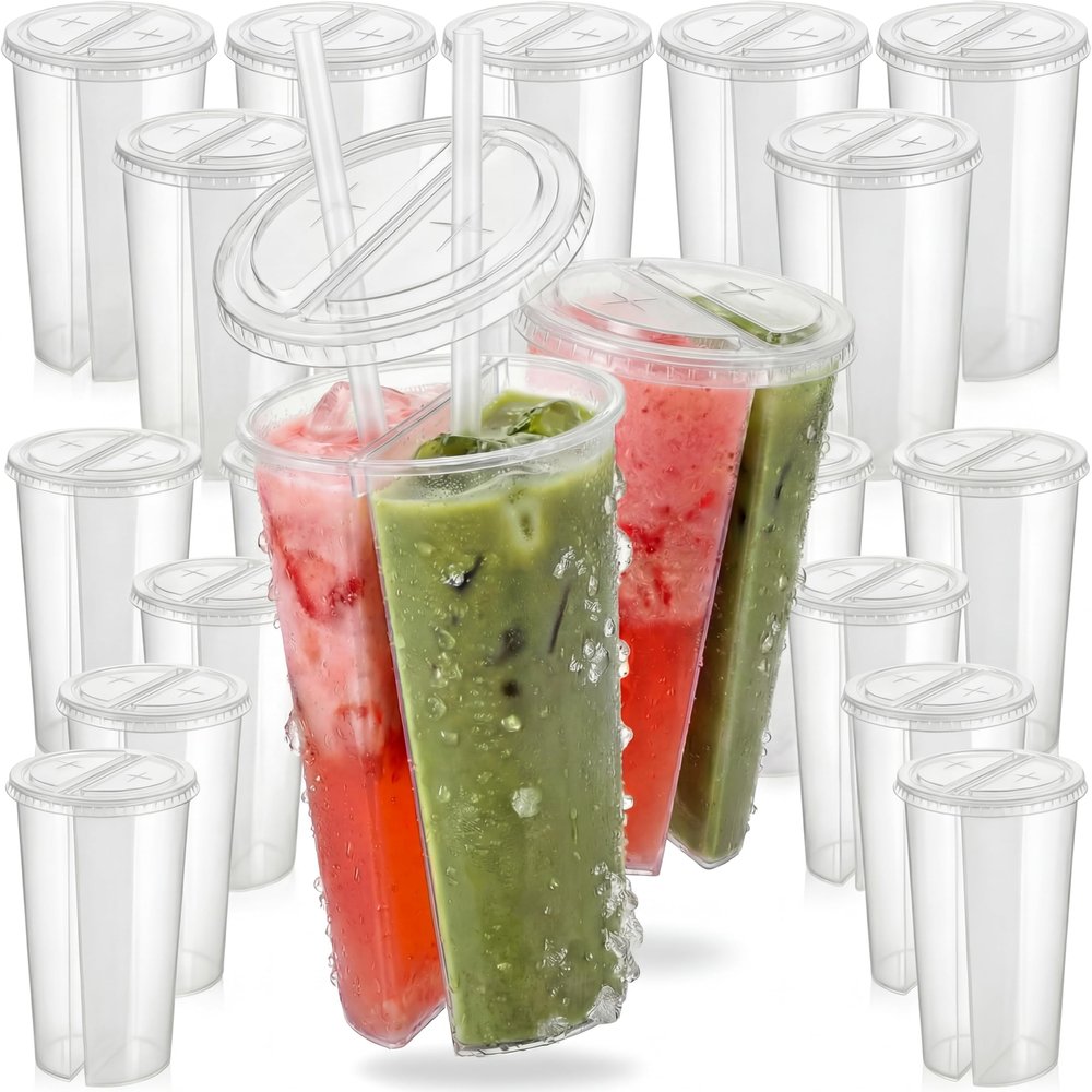 20PCS Disposable Plastic Cup Split Cup for Drinks Round Shape Double Thicken Cup Couple Sharing Drinking Cup with Lids for Milk Tea Boba Juice Shop Party