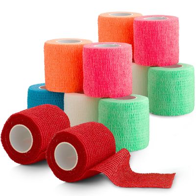 12 Pack, Self Adherent Cohesive Tape - 2 x 5 Yards, Self Adhesive Bandage Rolls and Vet Wrap, Sports Athletic Wraps for Elbow Ankle, Wrist, Knee Sprains and Swelling (Assorted Neon Colors)