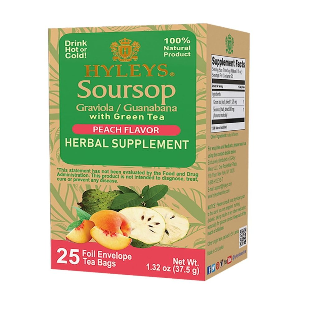 12 Pack of Hyleys Wellness Natural Soursop With Green Tea Peach Flavor - 25 Tea Bags (100% Natural, Sugar Free, Gluten Free & Non-Gmo)