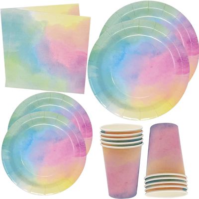 Gift Boutique 122 Pcs Pastel Rainbow Party Supplies Set Paper Plates Cups Napkins Watercolor Design for Baby Shower Birthday Girls Party Serves 24