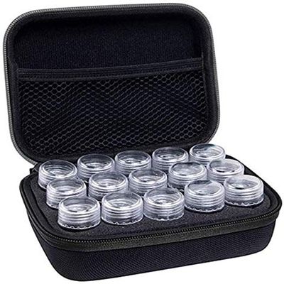 Travel Pill Organizer with 15 Divided Tiny Bottles & Writable Label, Cute Zippered Pill Box for Medicine & Vitamin Holder