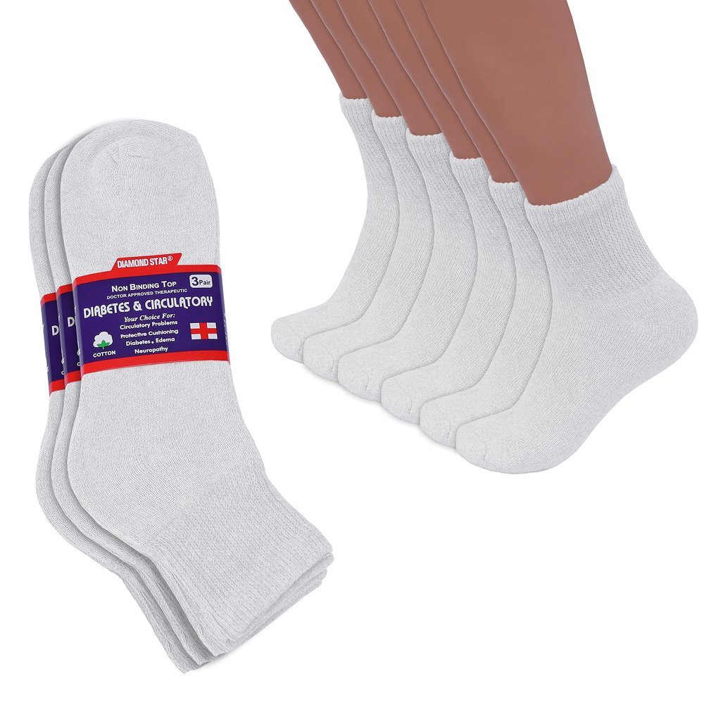 Diamond Star Diabetic Ankle Socks, Non-Binding Circulatory Doctor Approved Cushion Cotton Quarter Socks for Mens Womens (6 Pack White, Big & Tall Men's 13-15 Shoe Size 9-14)