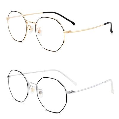 2-Pack Computer Blue Light Blocking Reading Glasses Eyeglasses, Polygonal Metal Frame Glasses in Gold, Silver