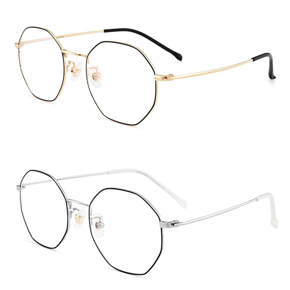 2-Pack Computer Blue Light Blocking Reading Glasses Eyeglasses, Polygonal Metal Frame Glasses in Gold, Silver
