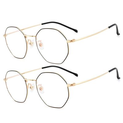 2-Pack Computer Blue Light Blocking Reading Glasses Eyeglasses, Polygonal Metal Frame Glasses in Gold, Silver