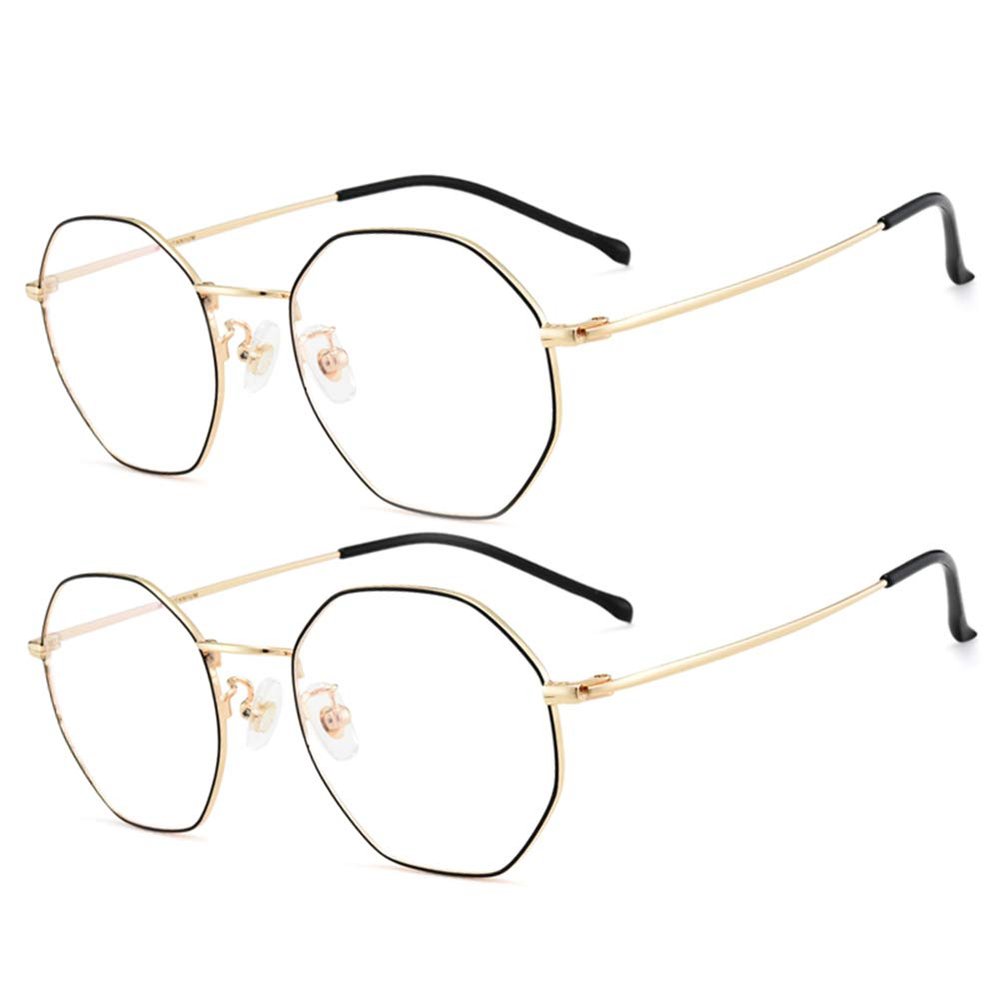 2-Pack Computer Blue Light Blocking Reading Glasses Eyeglasses, Polygonal Metal Frame Glasses in Gold, Silver