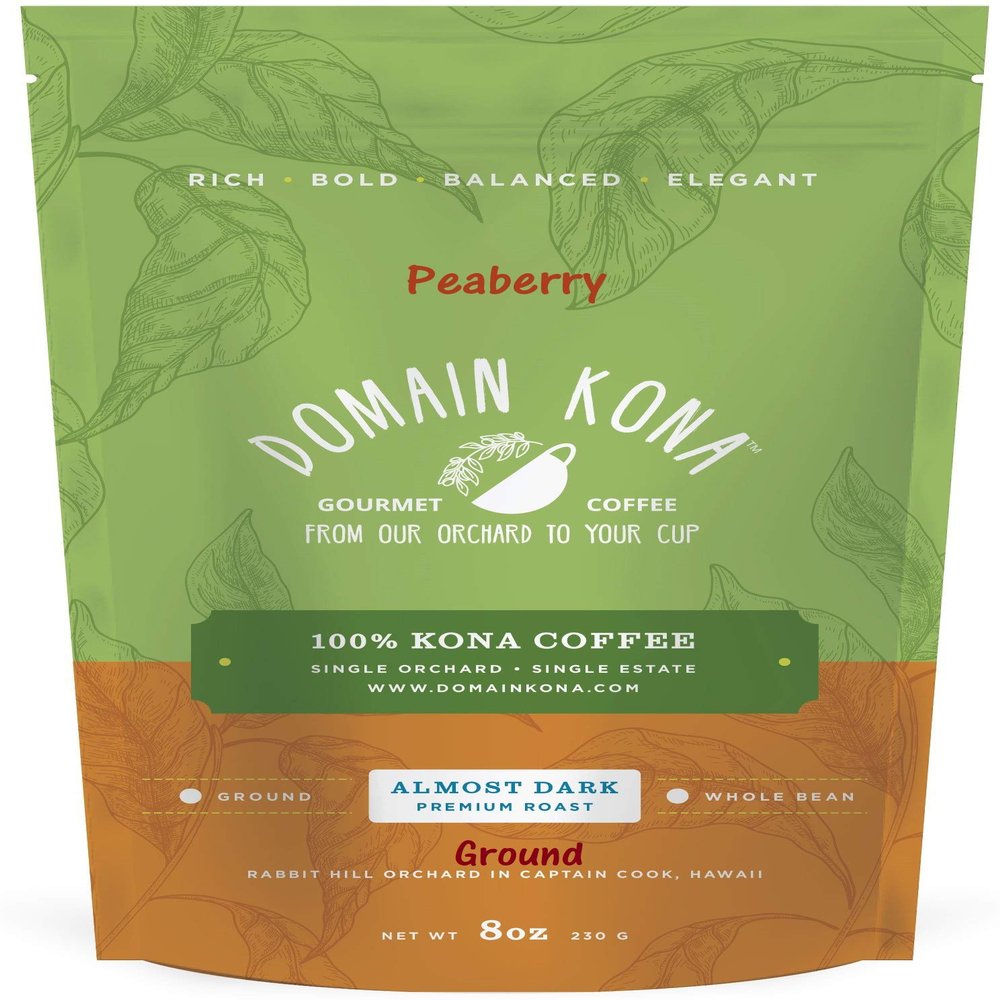100% Kona Coffee PEABERRY  GROUND, Almost Dark roast, Single estate gourmet coffee, 8 ounces, ships direct from Domain Kona Coffee, farm fresh