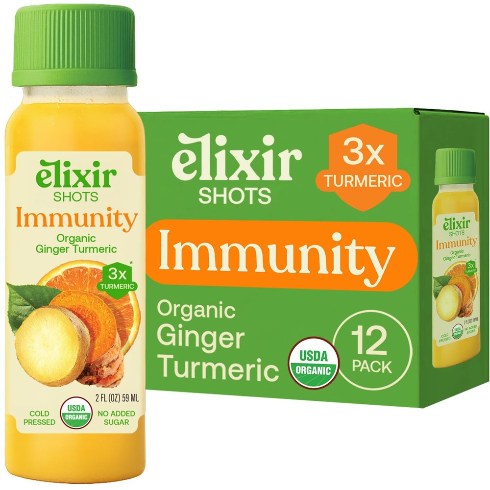 Elixir Shots, Immunity Daily Wellness Shot with Cold-Pressed Turmeric, Ginger, Orange and Black Pepper, No Added Sugars or Artificial Ingredients, USDA Organic, 12-pack