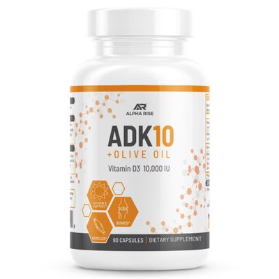 ALPHA RISE ADK 10 Vitamin Supplement + Olive Oil for Better Absorption - with Vitamins A + D3 (10,000 iu) + K2 (MK7+MK4) - 90 Capsules - Vegetarian - Non-GMO