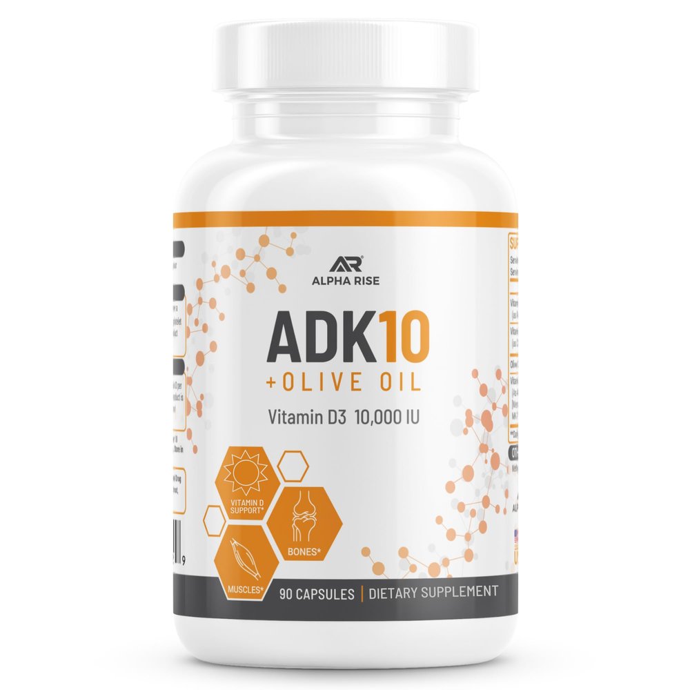 ALPHA RISE ADK 10 Vitamin Supplement + Olive Oil for Better Absorption - with Vitamins A + D3 (10,000 iu) + K2 (MK7+MK4) - 90 Capsules - Vegetarian - Non-GMO