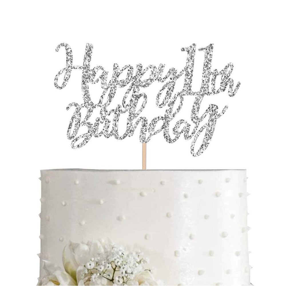 11 Silver Glitter Happy 11th Birthday Cake Topper, Birthday Party Decorations, Supplies, cake topper