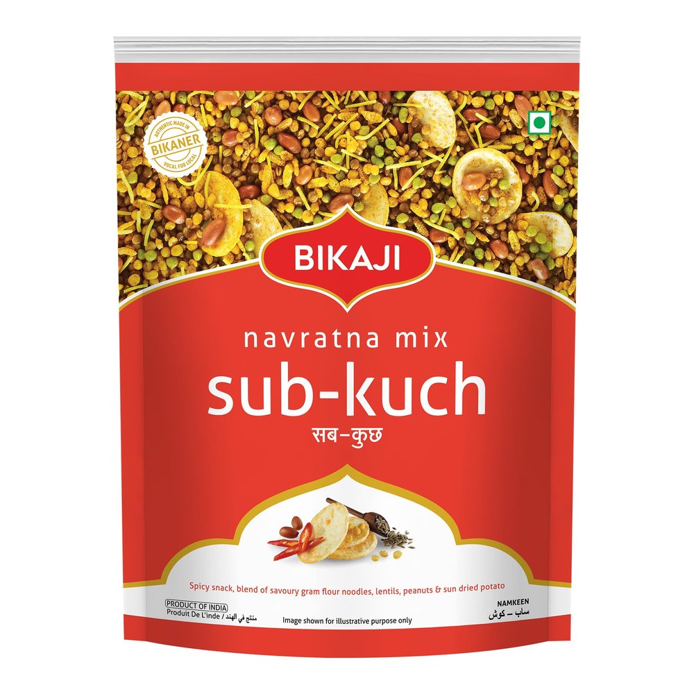 Bikaji| Spicy Namkeen, blend of savory gram flour noodles, lentils, peanuts and sun dried potatos| Indian Spicy Namkeen| Sab Kuch Navratna Chabeni Mix| 1Kg/2.2 pound