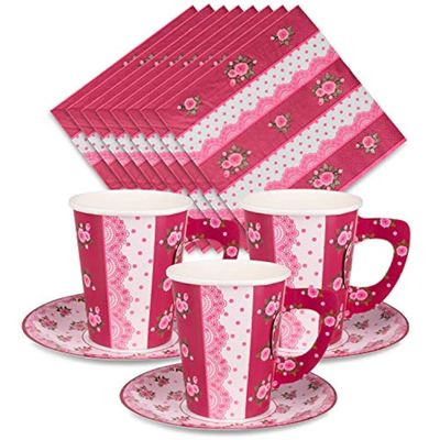 Royal Bluebonnet Paper Tea Cups and Saucer Sets - 24 sets of Disposable Tea Party Decorations for Valentine's Day, Pink Floral Cups for Mother's Day Brunch, Rose Disposable Teacups for Girls Parties