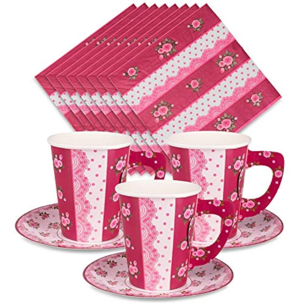 Royal Bluebonnet Paper Tea Cups and Saucer Sets - 24 sets of Disposable Tea Party Decorations for Valentine's Day, Pink Floral Cups for Mother's Day Brunch, Rose Disposable Teacups for Girls Parties
