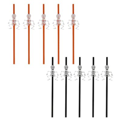 10pcs Halloween Straws Plastic Skull Skeleton Drinking Straws Juice Soda Cocktails Shakes Disposable Straws For Birthday Halloween Party Supplies (Black and Orange)