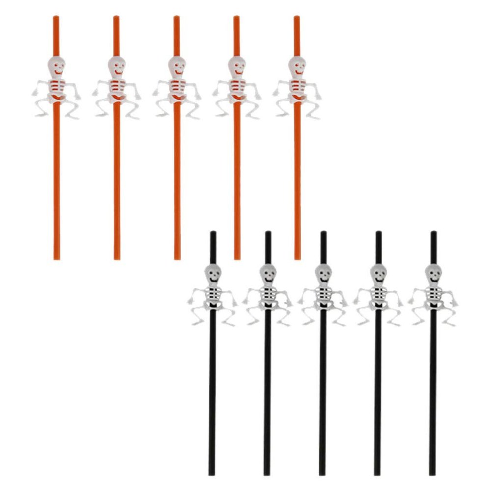 10pcs Halloween Straws Plastic Skull Skeleton Drinking Straws Juice Soda Cocktails Shakes Disposable Straws For Birthday Halloween Party Supplies (Black and Orange)