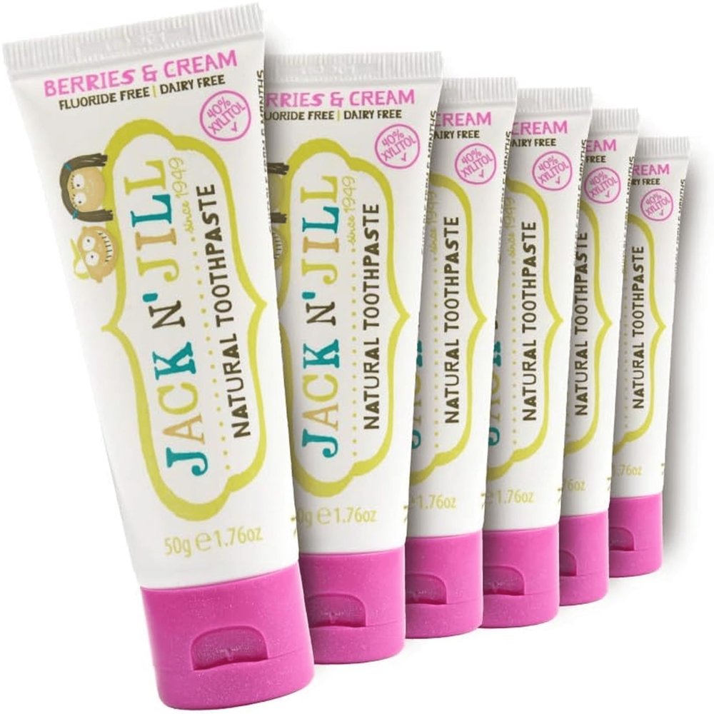 Jack N' Jill Natural Toothpaste for Kids - Fluoride Free Toothpaste, 40% Xylitol, BPA Free - Berries N' Cream, 1.76 oz (Pack of 6)