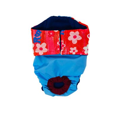 Barkertime Red Flowers on Sky Blue Waterproof Premium Cat Diaper, M, Without Tail Hole - Made in USA
