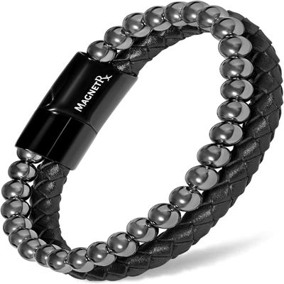 MagnetRX Hematite & Leather Magnetic Bracelet Max Strength Natural Stones Beaded Magnetic Hematite Bracelets (Small)