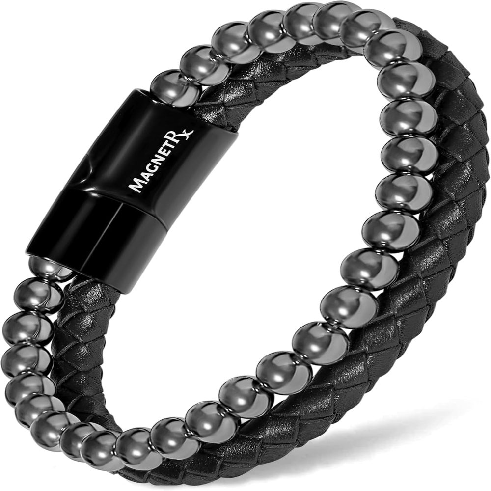 MagnetRX Hematite & Leather Magnetic Bracelet  Max Strength Natural Stones  Beaded Magnetic Hematite Bracelets (Small)
