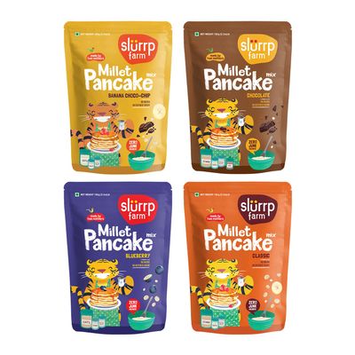 Slurrp Farm Millet Pancake Mix Combo | Banana Choco Chip, Chocolate, Blueberry & Classic | High Protein Breakfast for Kids & Adults | No Maida, No Refined Sugar | 5.29 Oz (Pack of 4)