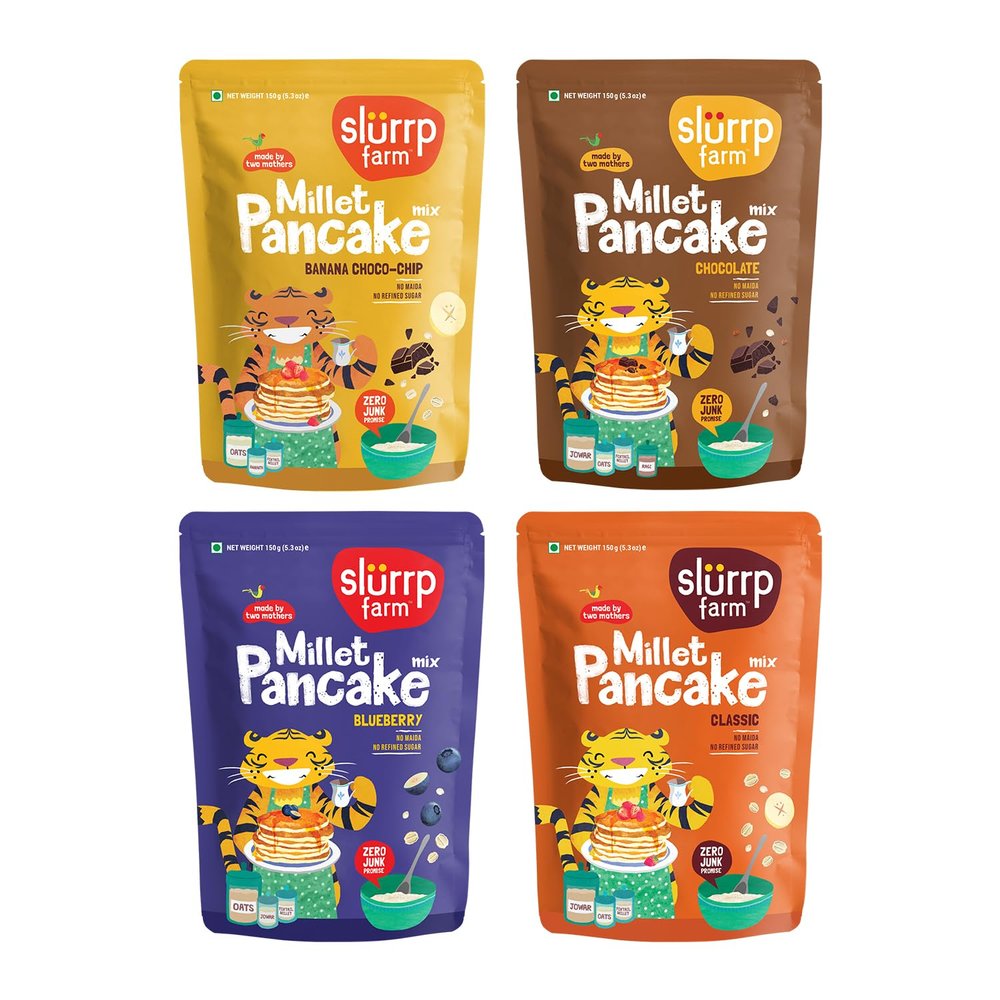 Slurrp Farm Millet Pancake Mix Combo | Banana Choco Chip, Chocolate, Blueberry & Classic | High Protein Breakfast for Kids & Adults | No Maida, No Refined Sugar | 5.29 Oz (Pack of 4)