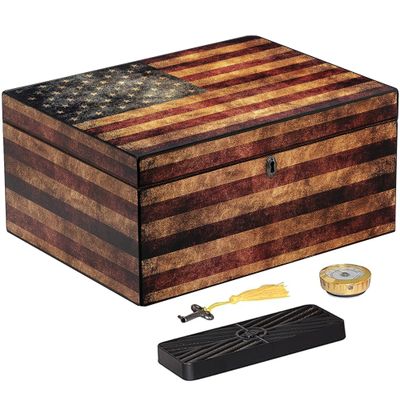 Humidor Supreme Old Glory Humidor with Weathered American Flag Design | Desktop Cigar Storage with Spanish Cedar Tray & Dividers | Cigar Box with Humidifier & Glass Hygrometer - Holds Up To 100 Cigars