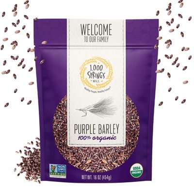 1000 Springs Mill - Organic Purple Barley | Used for Cereals, Salads, Whole Wheat Bread, Fresh Barley Flour, Sprouting Seeds, and more | Bulk Dried Grain | Resealable Bag | 16oz (Pack of 1)