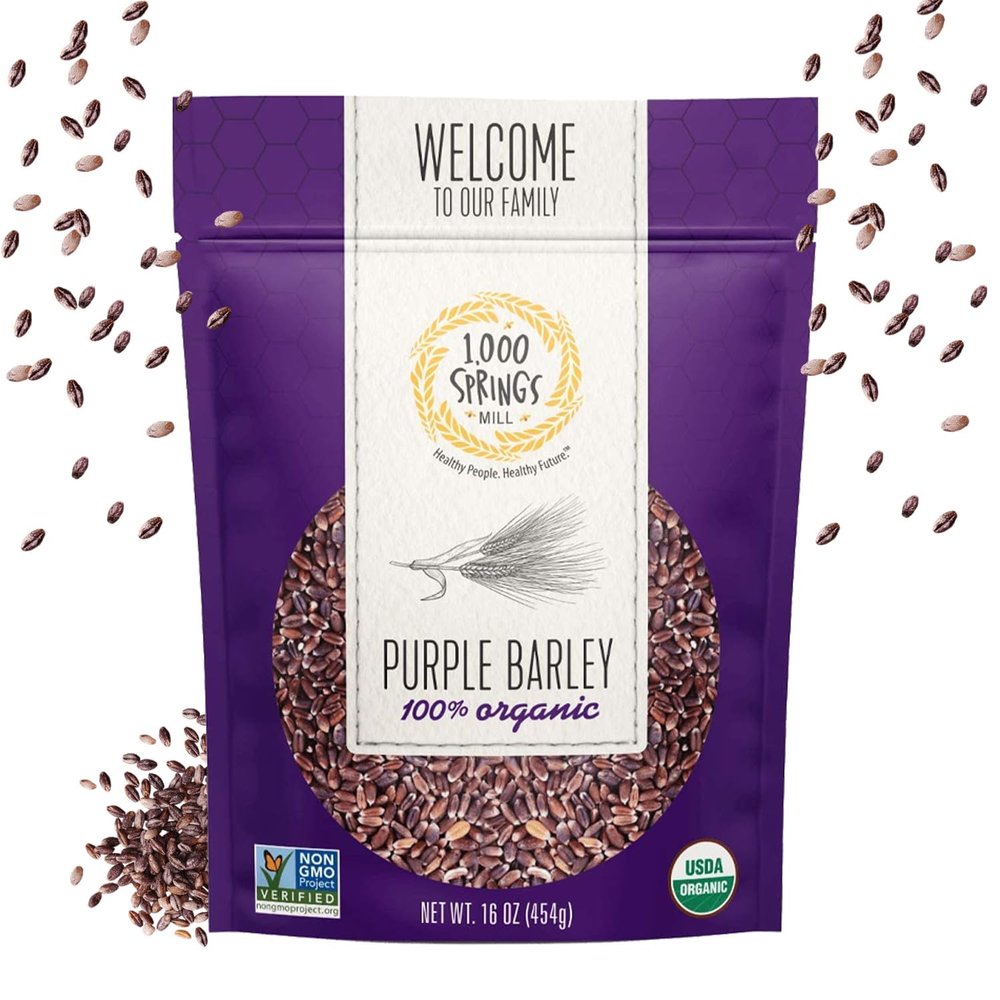 1000 Springs Mill - Organic Purple Barley | Used for Cereals, Salads, Whole Wheat Bread, Fresh Barley Flour, Sprouting Seeds, and more | Bulk Dried Grain | Resealable Bag | 16oz (Pack of 1)