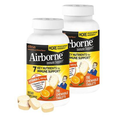 Airborne 1000mg Vitamin C + Zinc Immune Support Supplement Chewable Tablets, Citrus Flavor with Powerful Antioxidants Vitamins A C & E, 116 Chewable Tablets (2 Pack)