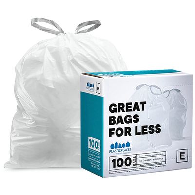 Plasticplace Custom Fit Trash Bags, Compatible with simplehuman Code E (100 Count) White Drawstring Garbage Liners 5.2 Gallon / 20 Liter, 18.5" x 20"
