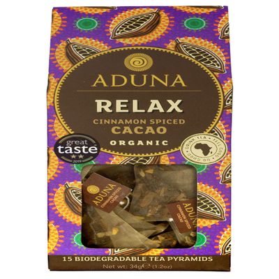 Aduna Organic Relax Cacao Super Tea | Natural Caffeine-Free Herbal Infusion With Cinnamon, Cardamom & High-Flavanol Cacao | Superfood Tea for Heart Support | 15 Biodegradable Pyramid Bags x 6 Packs